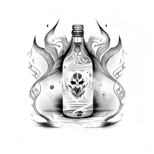  bottle shape like mid evil with music, vampires and a god of war tattoo design idea