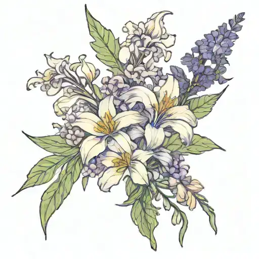 un bouquet avec ces sept fleurs : oeillet commun, iris, violette, violette, narcisse, souci et poinsettia tattoo design idea