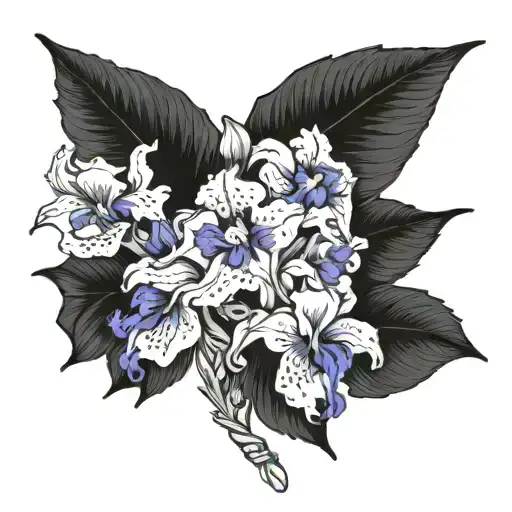 un bouquet avec ces sept fleurs : oeillet commun, iris, violette, violette, narcisse, souci et poinsettia tattoo design idea