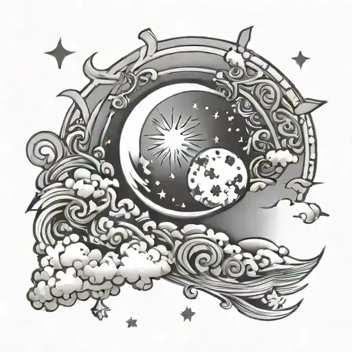Moon, stars, clouds and sun tattoo design idea