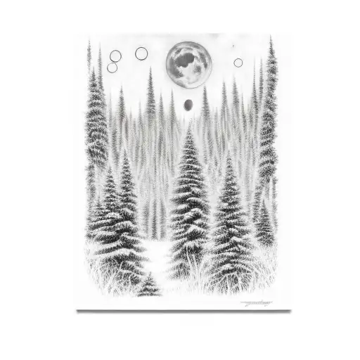 Forest at night with illuminated cryptids walking in the trees tattoo design idea