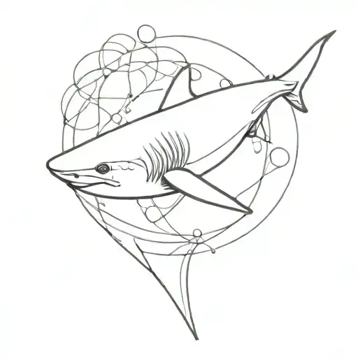A minimalist line drawing of a shark swimming through a series of interconnected circles, representing the client's interests in fineline tattoos and sharks tattoo design idea