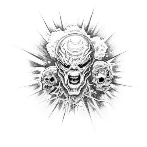 A terrifying yet beautiful portrait of sun as a horror movie monster tattoo design idea