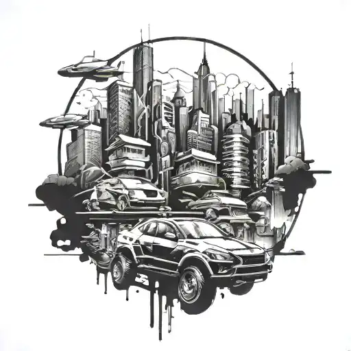 A futuristic cityscape with drifting cars and buildings incorporated into the design tattoo design idea