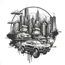 A futuristic cityscape with drifting cars and buildings incorporated into the design tattoo design idea