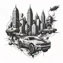 A futuristic cityscape with drifting cars and buildings incorporated into the design tattoo design idea