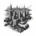 A futuristic cityscape with drifting cars and buildings incorporated into the design tattoo design idea