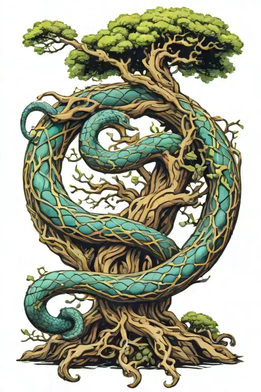 Jörmungandr wrapped around tree of life in color  tattoo design idea
