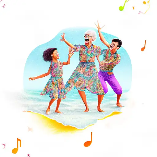 A grandma joyfully dancing with her grandchildren on a tropical island tattoo design idea