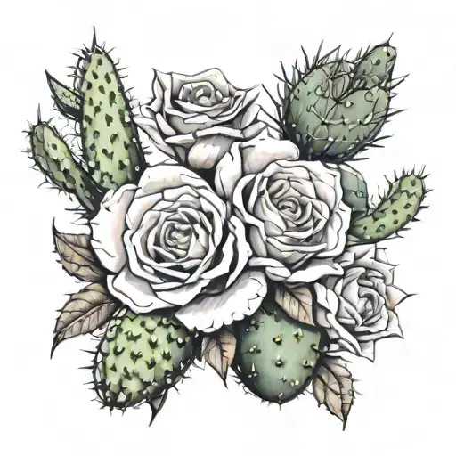 roses and cactus growing tattoo design idea