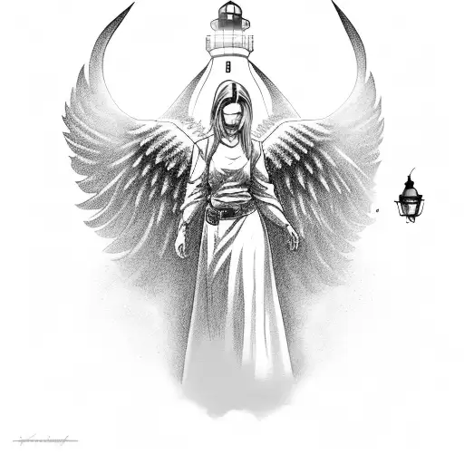 female angel warrior with lighthouse background tattoo design idea