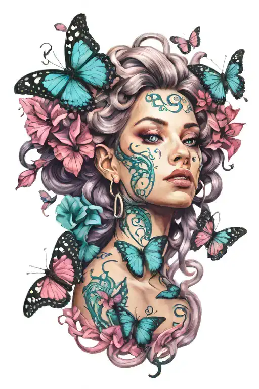 feminine Medusa portrait with teal and pink and purple butterflies with one hand  tattoo design idea