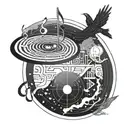 A geometric design incorporating musical notes and symbols, with a flat earth motif in the background tattoo design idea