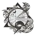 A geometric design incorporating musical notes and symbols, with a flat earth motif in the background tattoo design idea