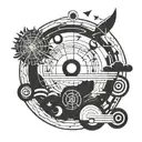 A geometric design incorporating musical notes and symbols, with a flat earth motif in the background tattoo design idea