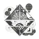 A geometric design incorporating musical notes and symbols, with a flat earth motif in the background tattoo design idea
