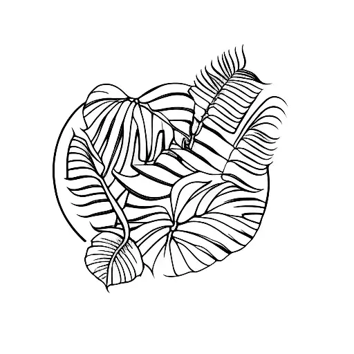 A minimalist tattoo of the 'LOST' characters' names written in a typewriter font with tropical leaves surrounding them tattoo design idea