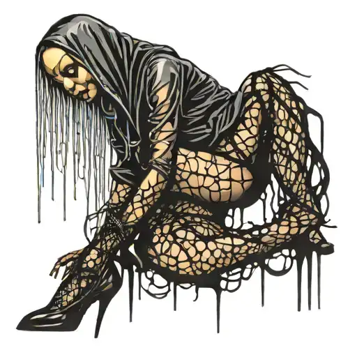 Slutty Nun black silhouette posing Seductively. high heels and fishnets. Golden cross dripping blood wrapped in thorns. tattoo design idea