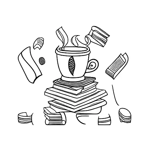 A coffee cup and a wine glass intertwined with books, creating a unique pattern tattoo design idea