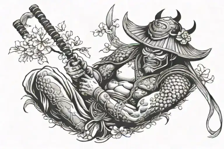 oni masked samurai with bamboo hat, holding katana with snake around his body sitting under cherry bloosom, side view tattoo design idea