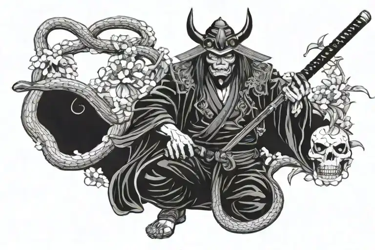 oni masked samurai with bamboo hat, holding katana with snake around his body sitting under cherry bloosom, side view,  tattoo design idea