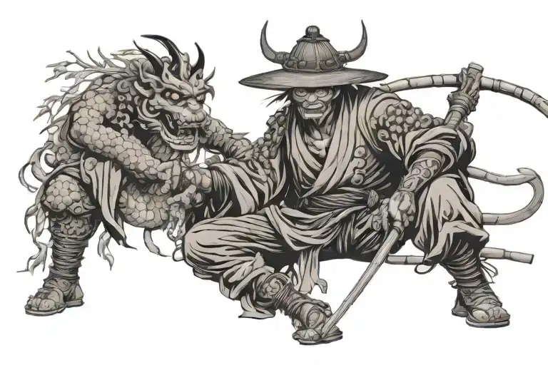 oni masked samurai with bamboo hat, holding katana with snake around his body sitting under cherry bloosom, side view, s tattoo design idea