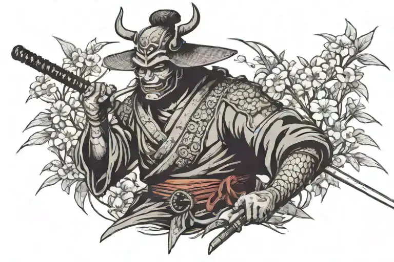 oni masked samurai with bamboo hat, holding katana with snake around his body sitting under cherry bloosom, side view, s tattoo design idea
