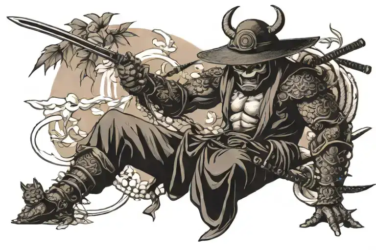 oni masked samurai with bamboo hat, holding katana, snake around body, sitting under cherry bloosom, side view, sunset tattoo design idea