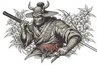 oni masked samurai with bamboo hat, holding katana with snake around his body sitting under cherry bloosom, side view, s tattoo design idea