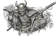 oni masked samurai with bamboo hat, holding katana with snake around his body sitting under cherry bloosom, side view, s tattoo design idea