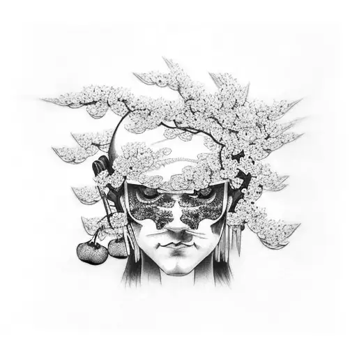 A Harley Davidson Street Glide motorcycle surrounded by cherry blossoms and traditional Japanese art elements tattoo design idea