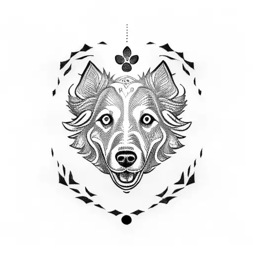 A blackwork tattoo of a stoic symbol surrounded by border collie paw prints tattoo design idea