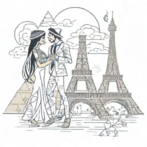 the 3 pyramids of Egypt entangled with the Eiffel tower simbolizing the love between a french and Egyptian couple  tattoo design idea