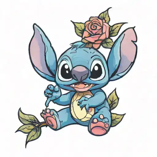 stitch cartoon character holding rose  tattoo design idea
