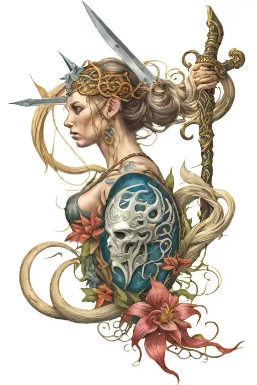 Viking, Medusa, moon, sword, stars, spider lily tattoo design idea