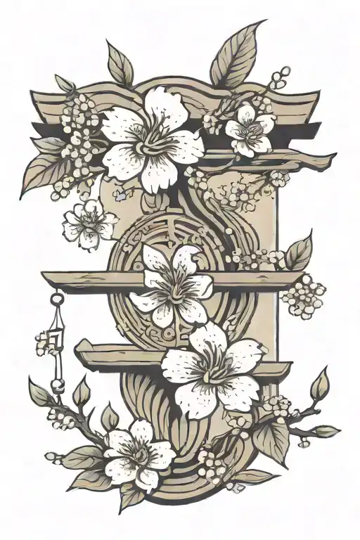 A minimalist tattoo design of the Libra and Scorpio signs intertwined with a cherry blossom tattoo design idea