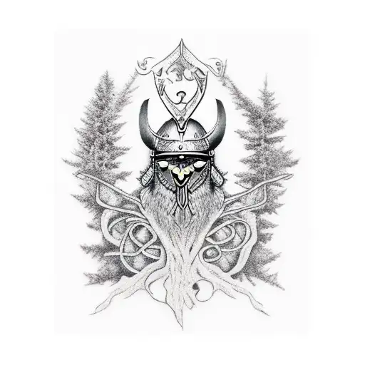 viking Style tree and crow tattoo design idea