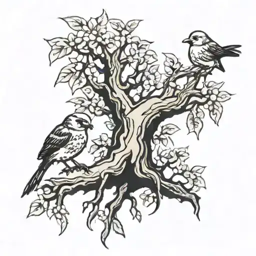 tree with baby ink footprints in the trunk with th e birds from bob marleys three little birds on the branches tattoo design idea