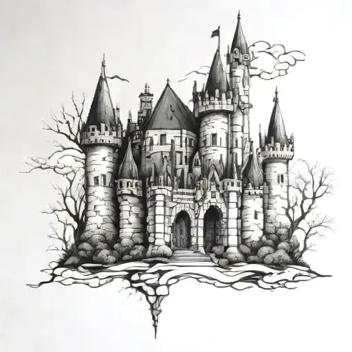 gothic castle back piece tattoo design idea