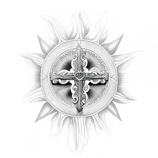 christian cross, angel's wings, sun, flowers, life tattoo design idea