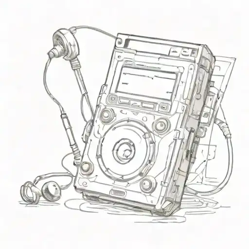 A sketch of a vintage walkman with bloondys records spinning inside tattoo design idea
