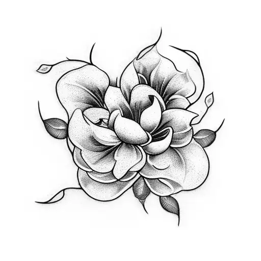 A blackwork tattoo of an airplane propeller intertwined with vines of flowers, including magnolias tattoo design idea