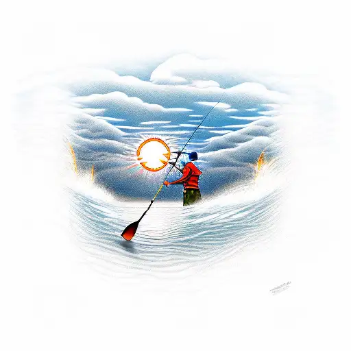 A new-school design of a fisherman casting a line into a river, with the sun shining through the clouds in the background tattoo design idea