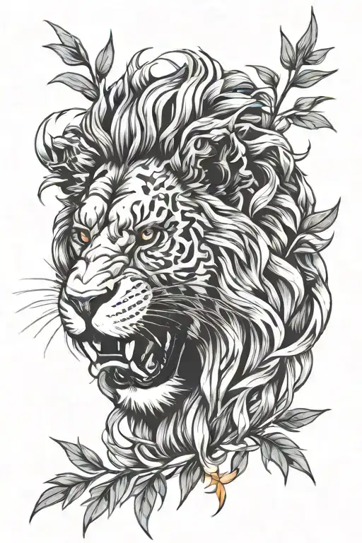 Lion face, Negative space, Bamboo leaves, Japanese Flames tattoo design idea