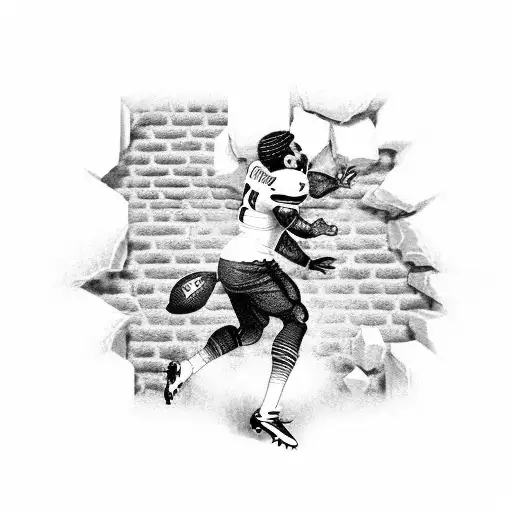 A football player breaking through a brick wall with rap lyrics written on the bricks tattoo design idea