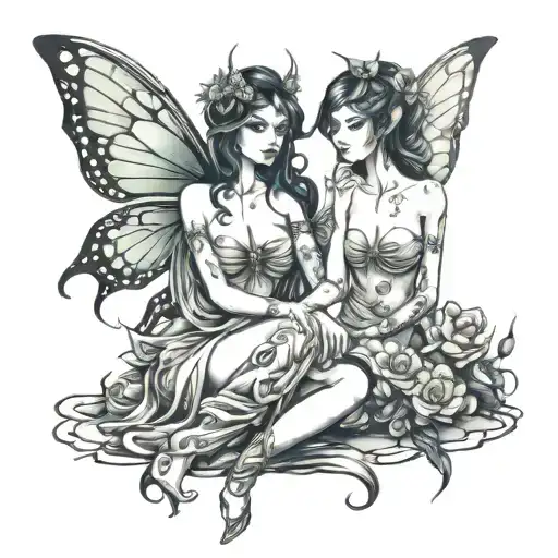 sexy fairy sitting side by side tattoo design idea