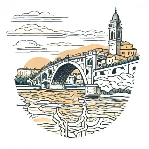 view on Verona's Ponte Pietra at sunset. Contrasting colors. tattoo design idea