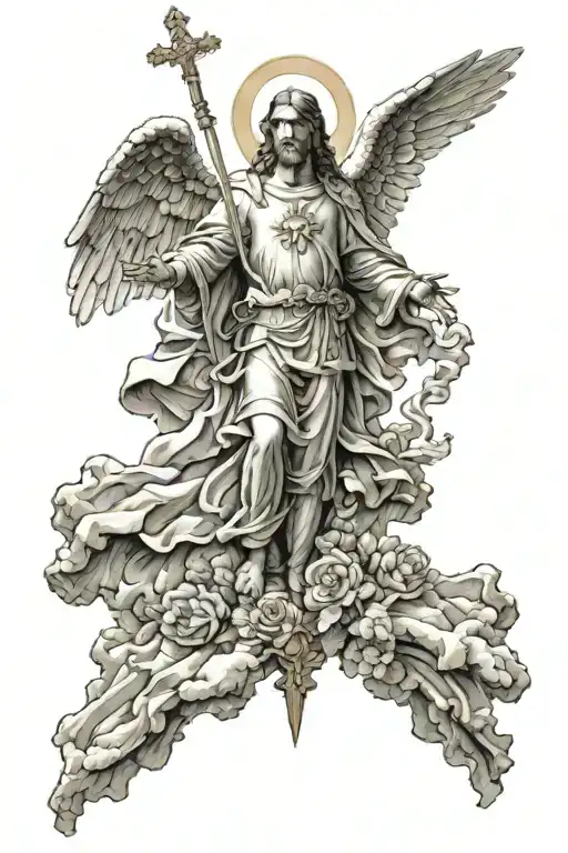 Michael archangel with jesus christ combination with a catholic church background tattoo design idea