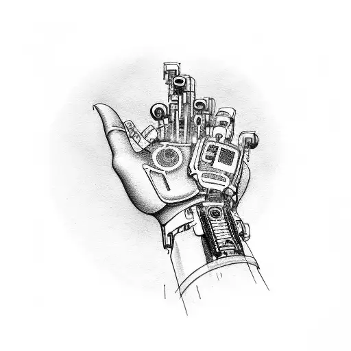 A futuristic cyborg hand holding a glucometer tattoo design idea
