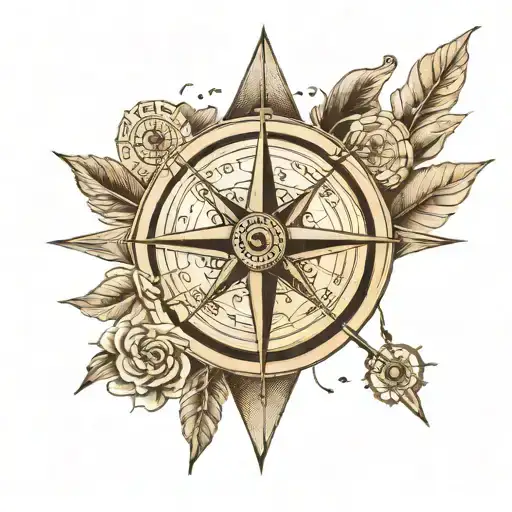 A dotwork tattoo of a compass surrounded by inspirational quotes and symbols of creativity, representing your love for travel, art, and motivating your students to explore new horizons and possibilities tattoo design idea